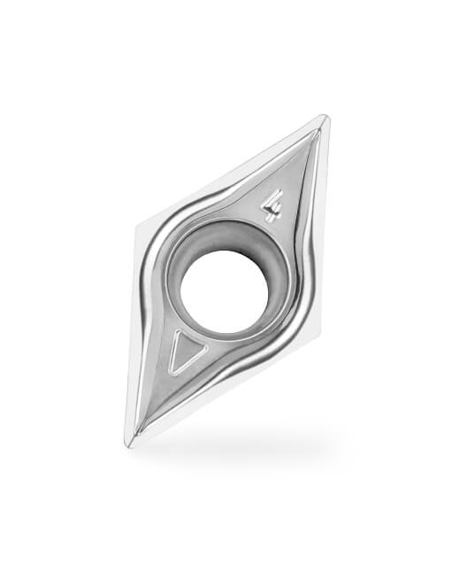 Three cutting inserts with smooth AluCon® coating preventing built-up edges