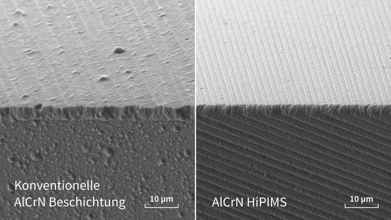 REM-Querschnittsvergleich einer konventionellen AlCrN-Beschichtung und einer AlCrN-HiPIMS-Beschichtung mit 10 µm Maßstab